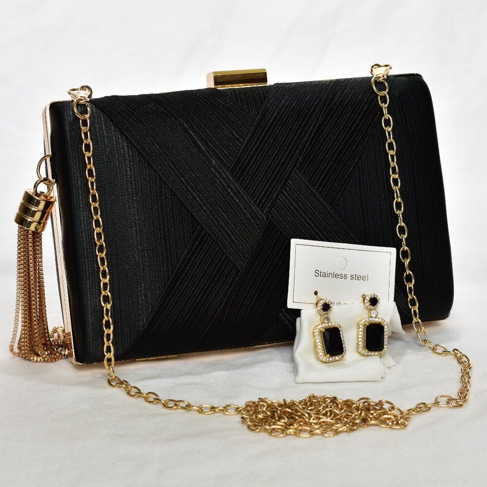 Jadive Black Clutch Purse Evening Bag Gold Chain Rhinestone Earrings Set 3pc New